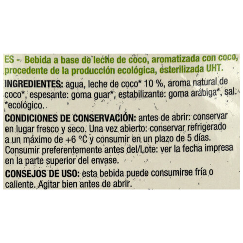 PRODUCTO ALCAMPO Bio Bebida vegetal de coco de origen ecológico, sin azúcar 1 l.