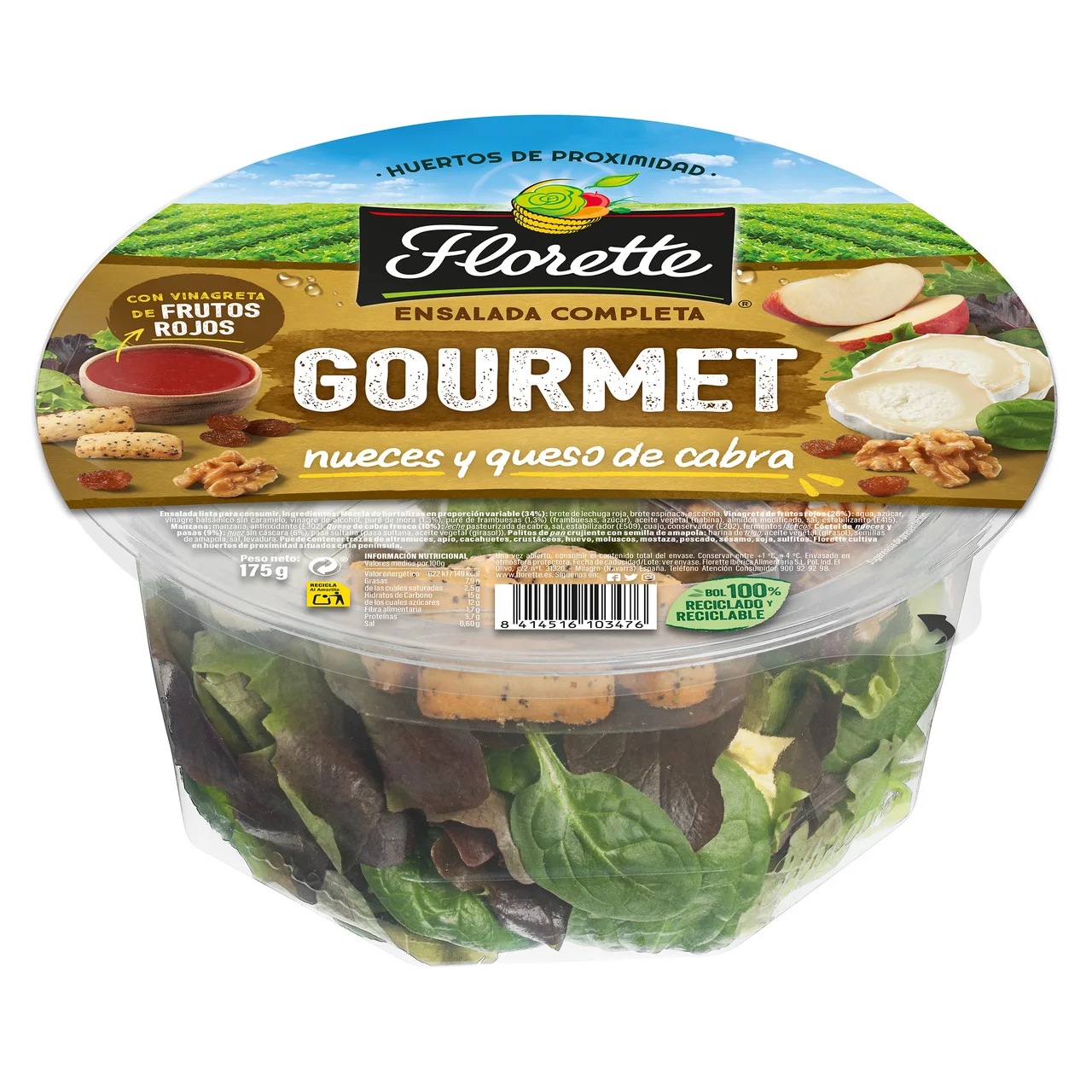 Ensalada de queso de cabra, nueces y manzana lista para consumir 180 g.