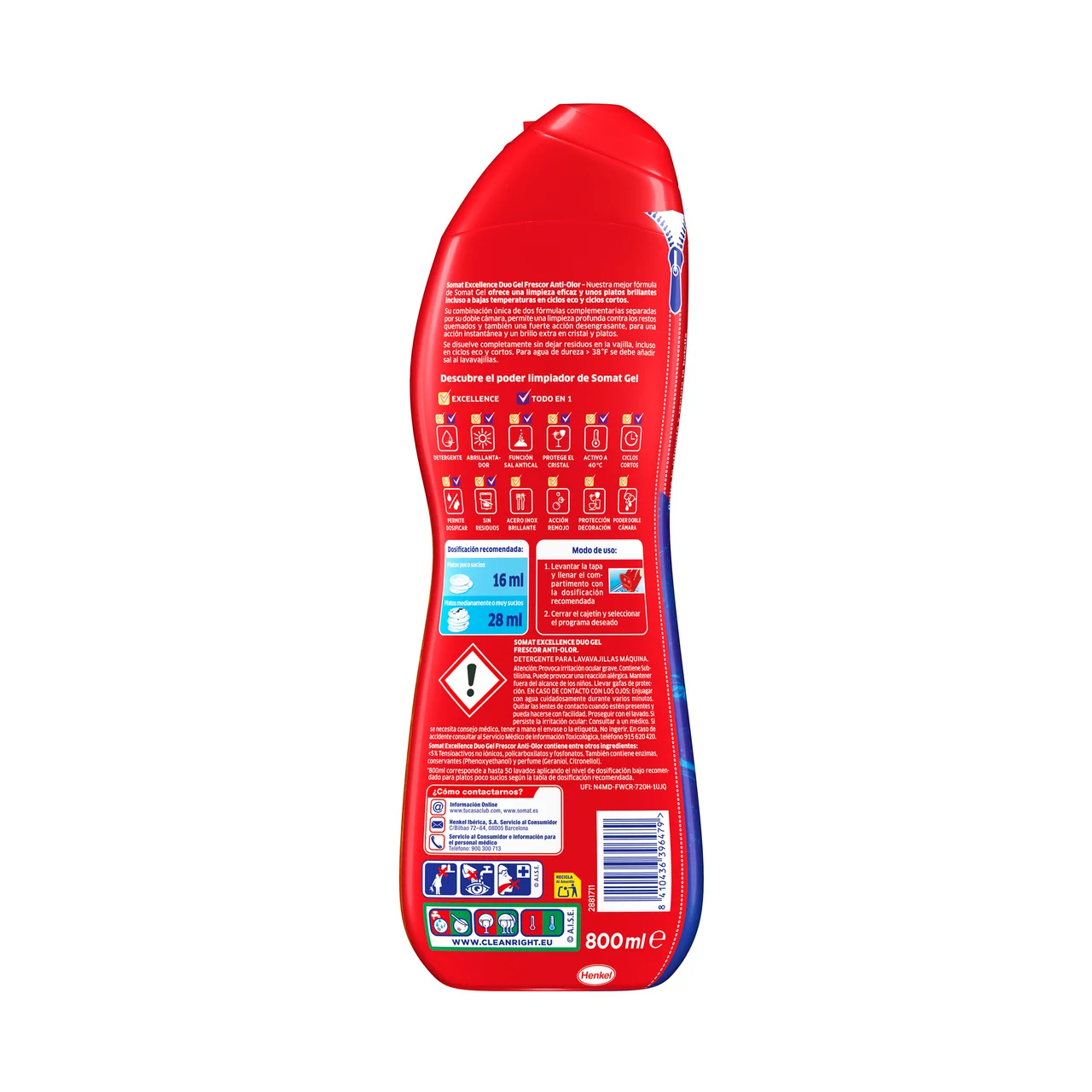 Excellence duo gel Detergente lavavalillas en gel con 4 acciones de limpieza 800 ml, 50 uds