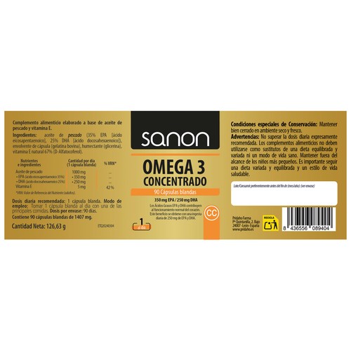 SANON Omega 3 concentrado (complemento nutricional) 90 cápsulas.