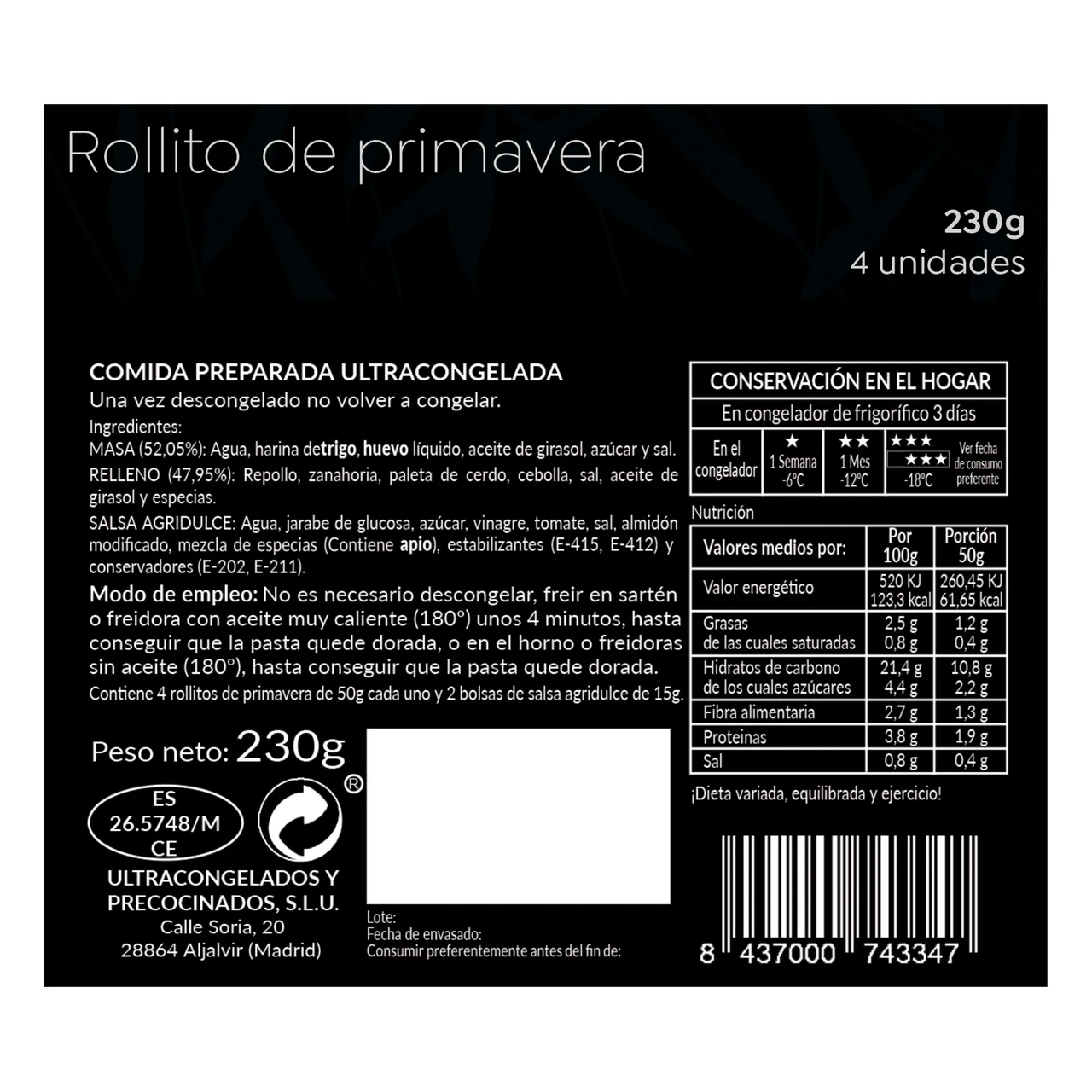 Rollitos de primavera congelados 230 g.