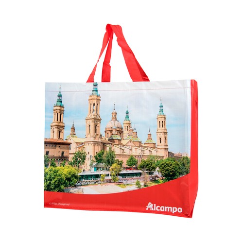 Bolsa grande de rafia reutilizable diseño Zaragoza, ALCAMPO.