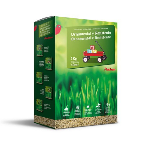 Caja de 1 kilogramo con semillas para plantar cesped ornamental muy resistente al pisoteo PRODUCTO ALCAMPO.