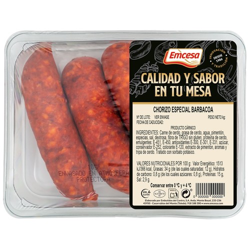 Bandeja con chorizos especiales para barbacoa, elaborados sin gluten EMCESA. 460 Gramos Aproximados