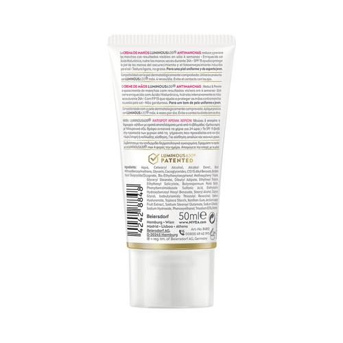NIVEA Luminous 630 Crema de manos antimanchas, con FPS 15  50 ml.