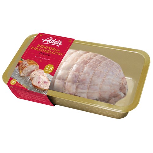 Redondo de pollo para asar, relleno de bacon y queso, elaborado sin gluten ALDELÍS 750 g.