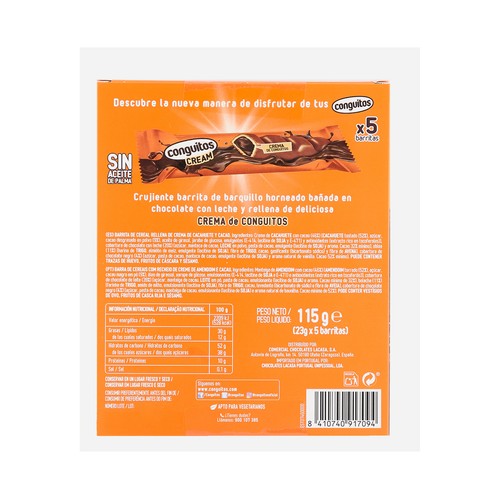 CONGUITOS Barritas de barquillo cubiertas de chocolate con leche rellenas de crema de Conguitos 5 uds. x 23 g.