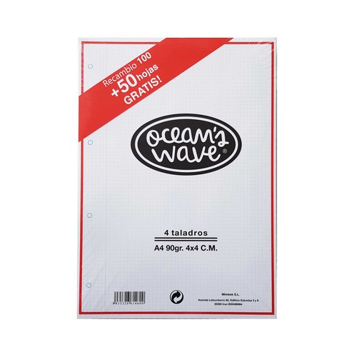 Recambio 100+50 hojas A4 90gr, 4 taladros cuadrícula 4x4, OCW. OCEAN´S WAVE.