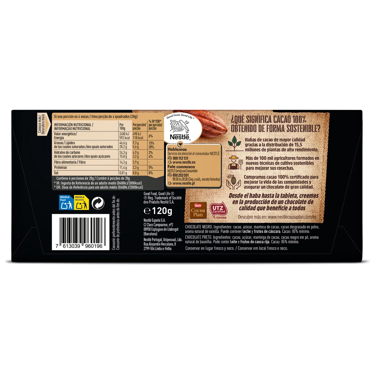 Dark Chocolate negro 85 % cacao 120 g.