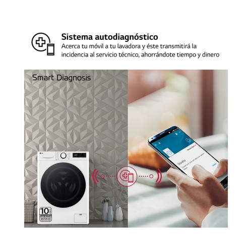 Lavadora LG F4WR6010A0W 10KG, clasificación energética: A, 1400RPM, H: 85cm, A: 60cm, F: 56,5cm.