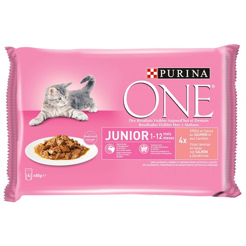 PURINA ONE Comida para gatos junior 1 -12 meses a base de salsa con salmón y zanahoria PURINA ONE 4 uds. 85 g.