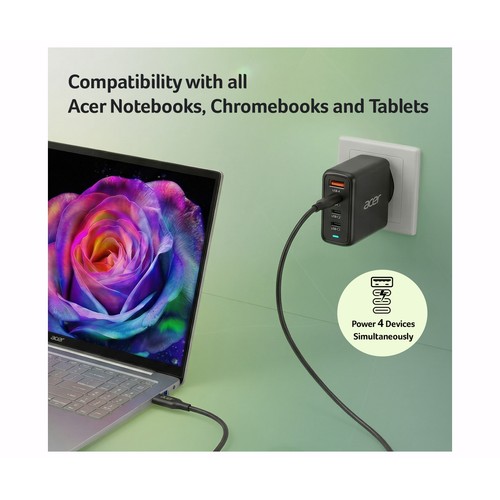 Cargador 3 puertos usb-C + usb-A ACER, 100W, 2 metros de cable usb-C, color negro