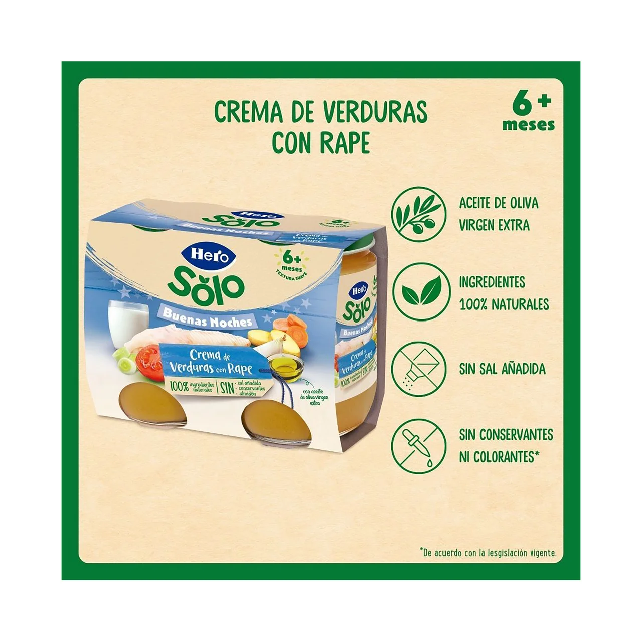 Solo buenas noches Tarrito de crema de verduras con rape (textura con trocitos), a partir de 8 meses 2 x 190 g.