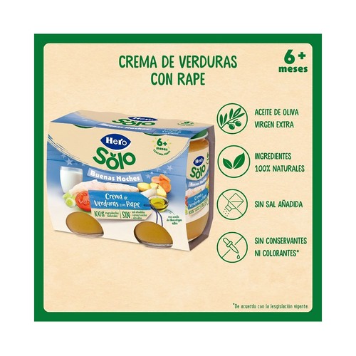 HERO Solo buenas noches Tarrito de crema de verduras con rape (textura con trocitos), a partir de 8 meses 2 x 190 g.