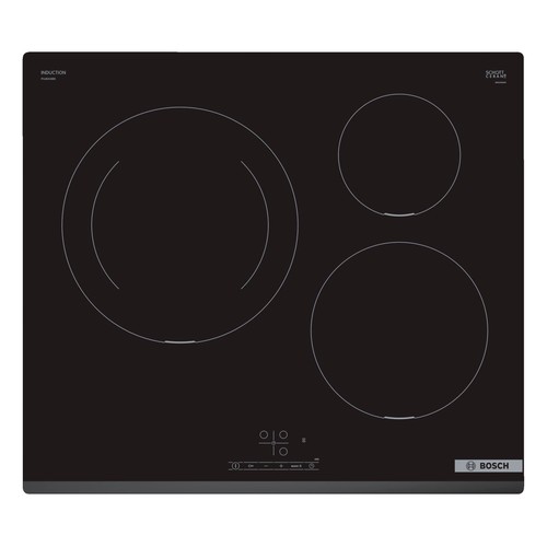 Placa inducción BOSCH PUJ631BB5E 3 zonas de cocción, potencia: 4600w, zona gigante de 28cm, programable, control táctil, ancho: 60cm.