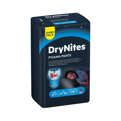 DRYNITES Pañales de noche talla 7 (calzoncillos absorbentes), para niños de 17 a 30 kilogramos y de 4 a 7 años DRYNITES Pijama pants 16 uds.