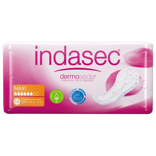 INDASEC Compresas de incontinencia maxi para perdidas de orina moderadas a severas INDASEC Dermoseda 15 uds.