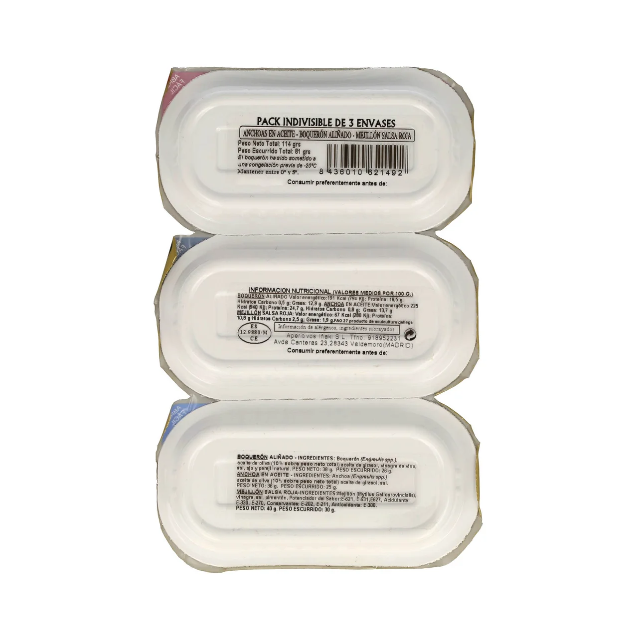 Tripack de boquerones, anchoas y mejillones 114 g.