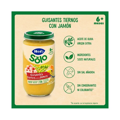 HERO Solo Tarrito de guisantes tiernos con jamón (textura suave), a partir de 6 meses 235 g.