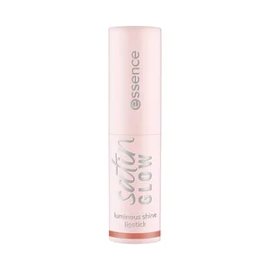 ESSENCE Satin glow tono 01 Whole latte love, nude calido Barra de labios cremosa, acabado luminoso.
