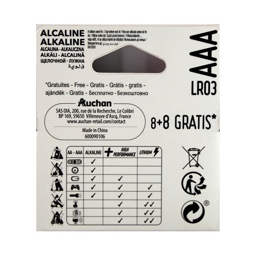 Pack de 8+8 pilas alcalinas AAA, LR03, 1,5V, ALCAMPO High Performance.