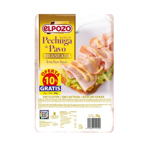 ELPOZO Pechuga de pavo braseada cortada en finas lonchas 75 g.