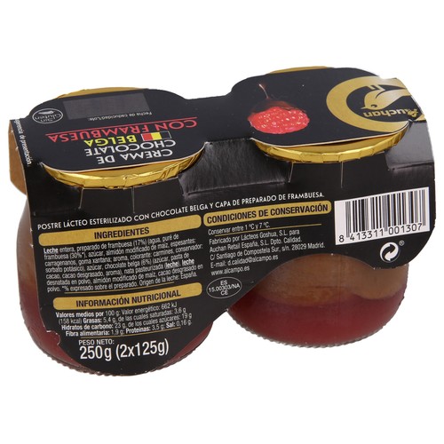ALCAMPO GOURMET Crema de chocolate belga con framubesa, elaborada sin gluten 2 x 125 g.