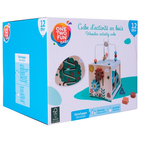 Cubo de Actividades de Madera, ayuda al desarrollo motricidad y destrezas +12 Meses ONE, TWO FUN Baby