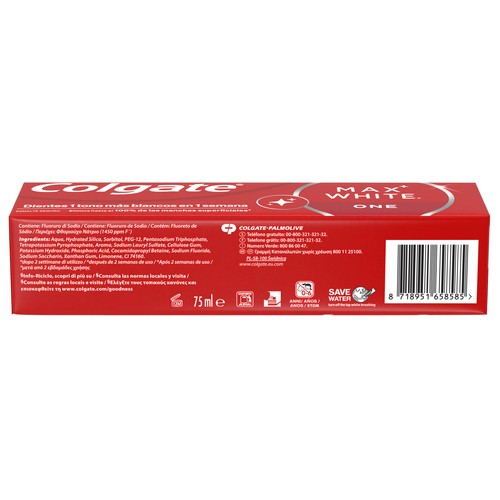 COLGATE Max white one Pasta de dientes con flúor, acción blanqueante y sabor a menta 75 ml.