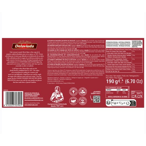 DELAVIUDA Mazapán de pepitas de chocolate 190 g.