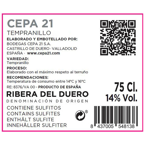 CEPA 21  Vino tinto con D.O. Ribera del Duero botella de 75 cl.