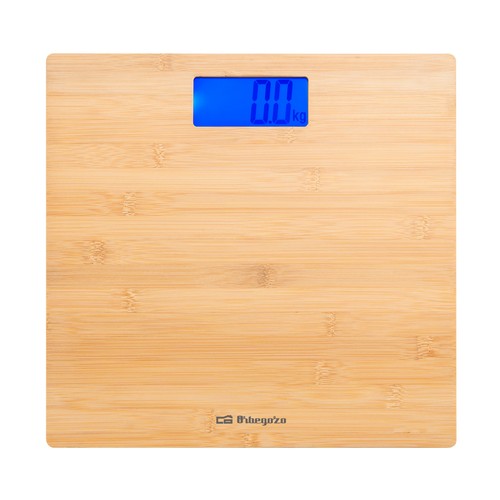 Báscula electrónica de bambú OBREGOZO PBA 6500, pantalla LCD, capacidad máxima 180kg.