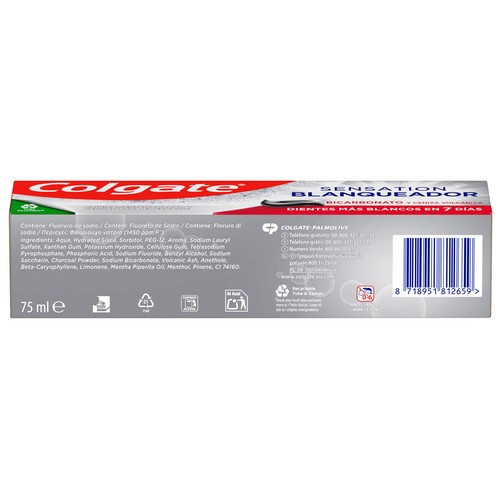 COLGATE Sensation blanqueador Pasta de dientes blanqueadora con bicarbonato y ceniza volcánica 75 ml.
