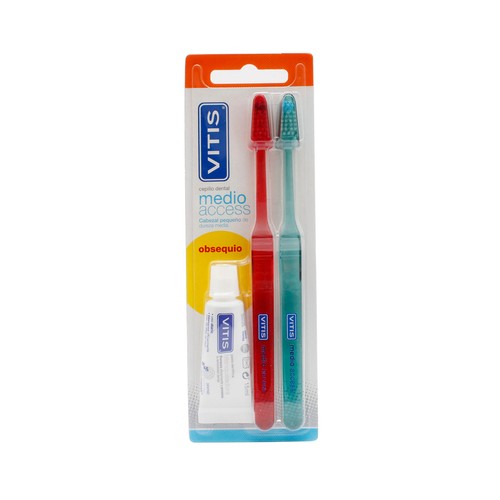 VITIS Cepillo de dientes con cabezal pequeño y dureza media VITIS 2 uds + obsequio dentífrico.