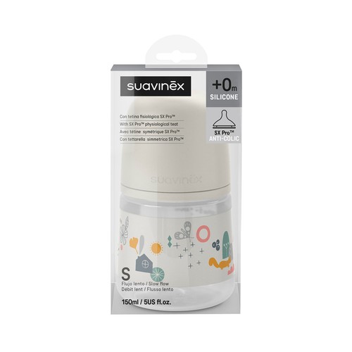 SUAVINEX Biberón de 150 ml., con tetina fisiológica SX Pro de flujo medio, a partir de 0 meses.