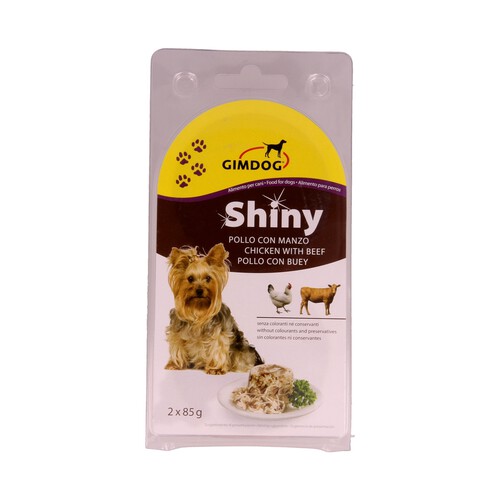 SHINY Comida para perro de talla pequeña a base de pollo con buey SHINY 2 uds. de 85 gr,