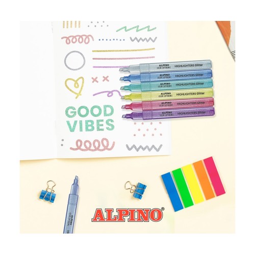Estuche de 6 subrayadores glitter color experience, ALPINO.
