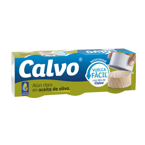 Atún claro en aceite de oliva, vuelca fácil CALVO lata de 52 g. pack de 3 uds.