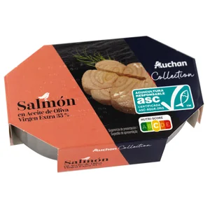 AUCHAN COLLECTION Salmón ASC en aceite de oliva virgen extra lata 72 g. Producto alcampo