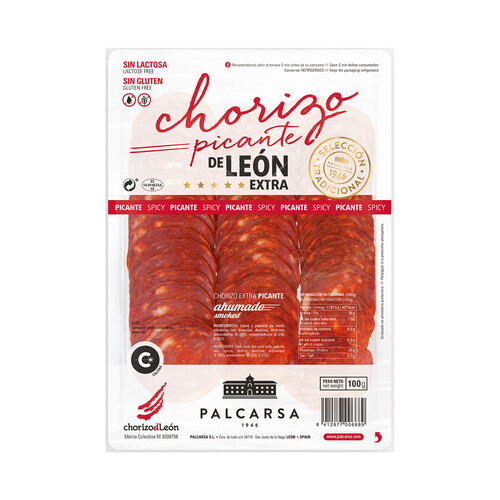 PALCARSA Chorizo picante de León extra ahumado y cortado en lonchas PALCARSA 100 g.