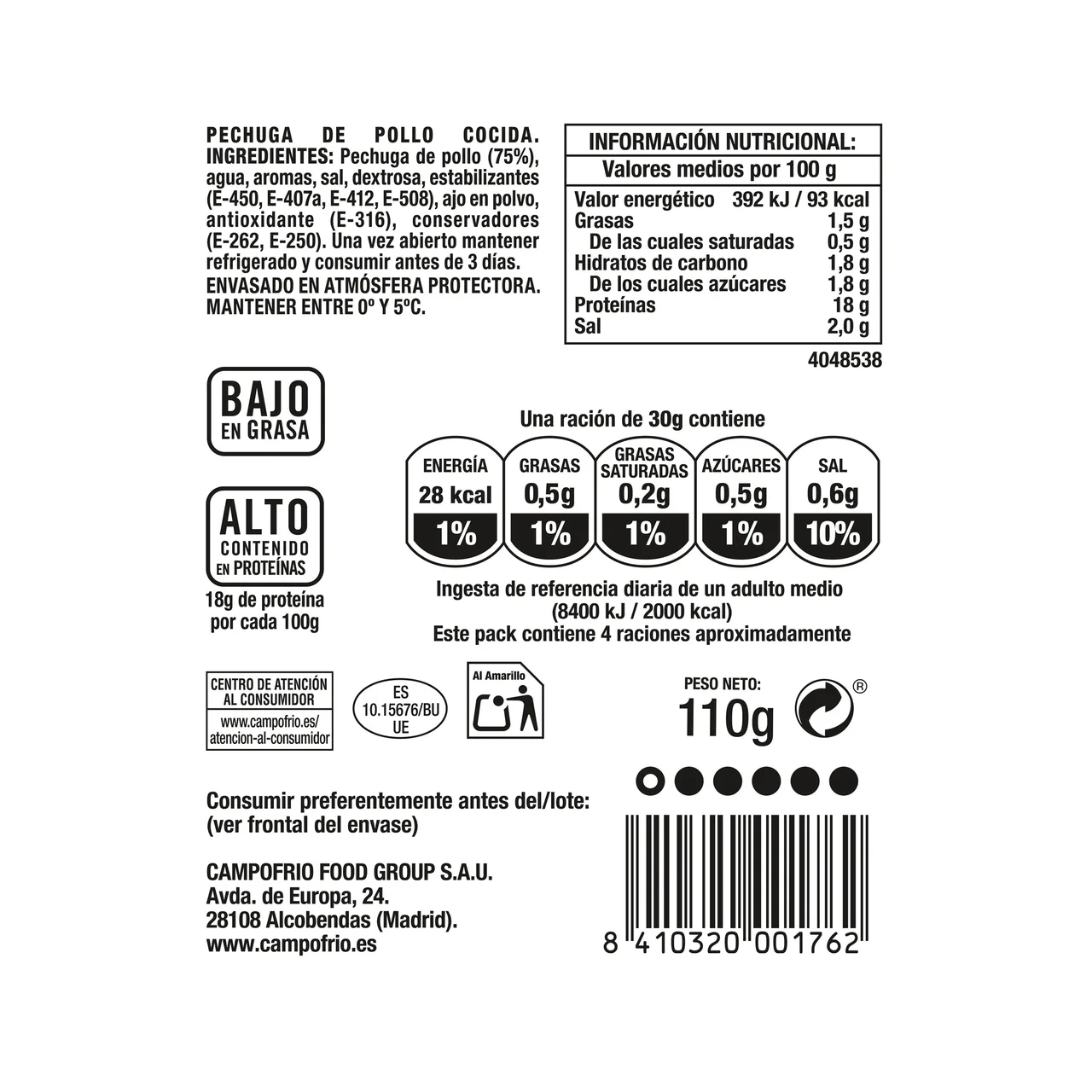 CAMPOFRÍO Pechuga de pollo cortada en lonchas CAMPOFRÍO Finissimas 110 g.
