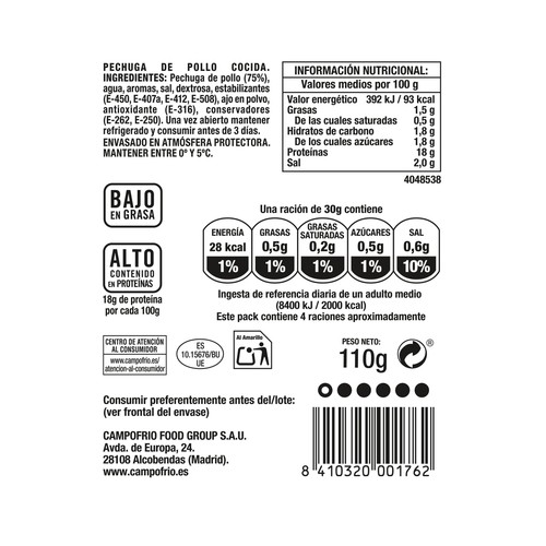 CAMPOFRÍO Pechuga de pollo cortada en lonchas CAMPOFRÍO Finissimas 110 g.