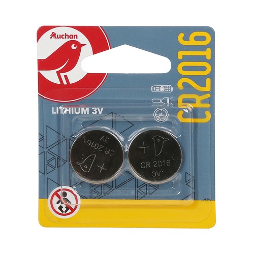 Pack de 2 pilas de botón de litio CR2016, 3V, PRODUCTO ALCAMPO.