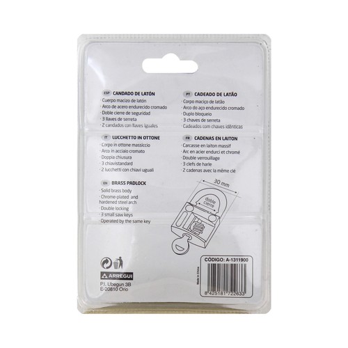 2 candados de latón de 20mm., arco corto y nivel de seguridad básico ARREGUI.