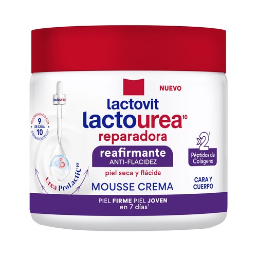 LACTOVIT Lactourea reparador Crema reafirmante textura mousse, para pieles secas y flácidas 400 ml.