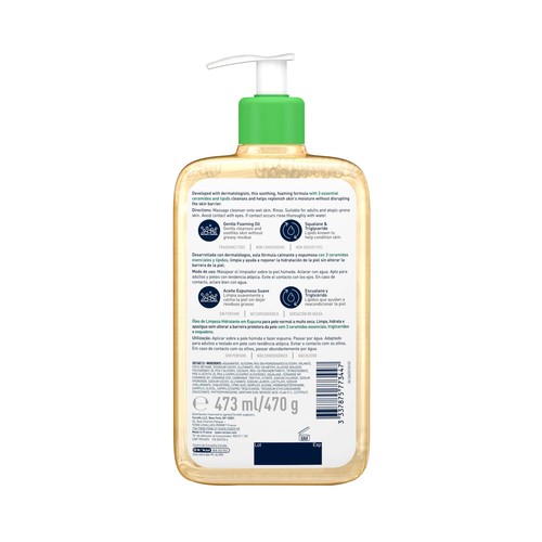 CERAVE Limpiador en aceite espumoso hidratante, para pieles normales a muy secas 473 ml.