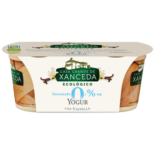 Yogur cremoso de vainilla ecológico, 0% materia grasa, XANCEDA 2 uds. de 125 g.