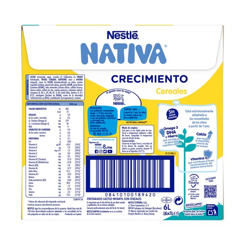 NATIVA Crecimiento de Nestlé Leche (3) de crecimiento con cereales, de 12 a 36 meses 6 x 1 l.