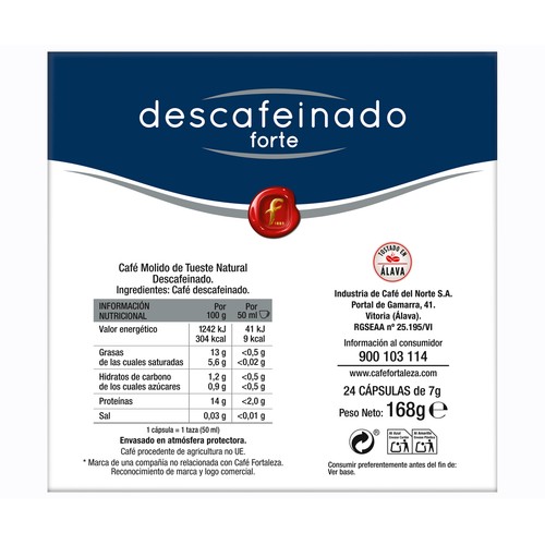 FORTALEZA Café cápsulas dg descafeinado 24 uds 168 g.