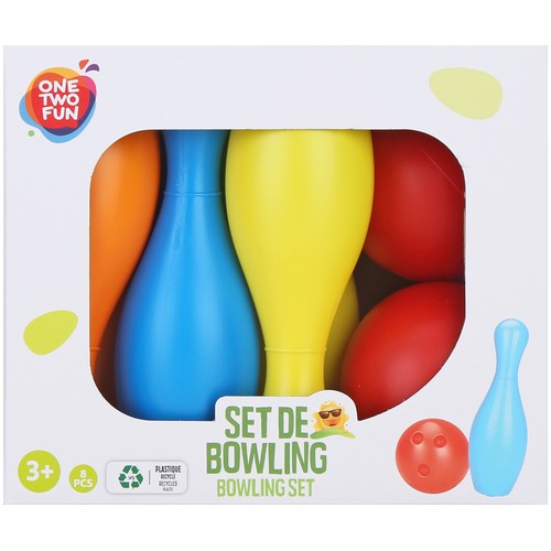 Conjunto de bowling 22cm, 8 bolos y pelotas,  ONE TWO FUN.